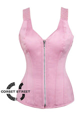 Baby Pink Satin Gothic Overbust Corset  With Shoulder Strap Plus Size Bustier Top